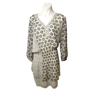 WHITE HOUSE BLACK MARKET Mixed Print‎ Tiered Blouson Dress Size L Long Sleeve
